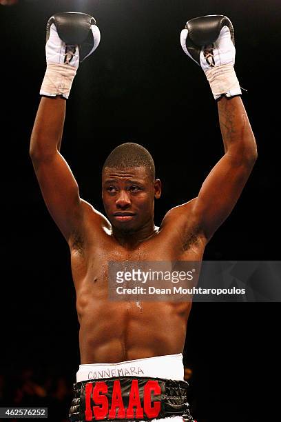 Isaac Chamberlain of England celebrates victory over Moses Matovu of Tanzania in their Cruiserweight Contest prior to the WBC Silver Lightweight...