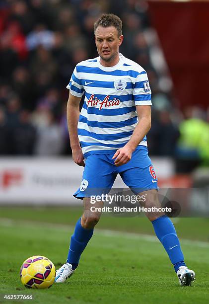 Clint Hill of QPR in action during the Barclays Premier League match between Stoke City and Queens Park Rangers at the Britannia Stadium on January...