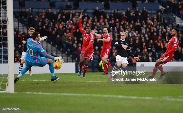 Gary Mackay Steven of Dundee United scores a dissaloud goal during the Scottish League Cup Semi-Final match between Dundee United and Aberdeen at...