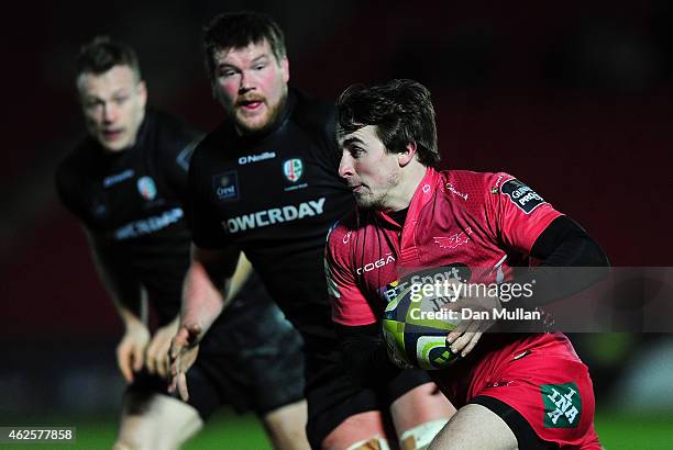 Rhodri Williams of Scarlets makes a break during the LV= Cup match between Scarlets and London Irish at Parc y Scarlets on January 31, 2015 in...