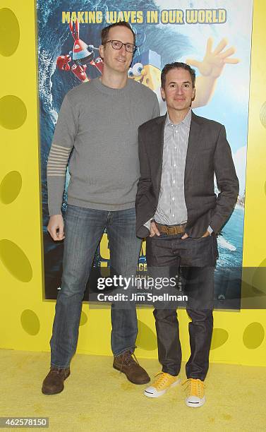 Screenwriters Glenn Berger and Jonathan Aibel attend the "The Spongebob Movie: Sponge Out Of Water" world premiere at AMC Lincoln Square Theater on...