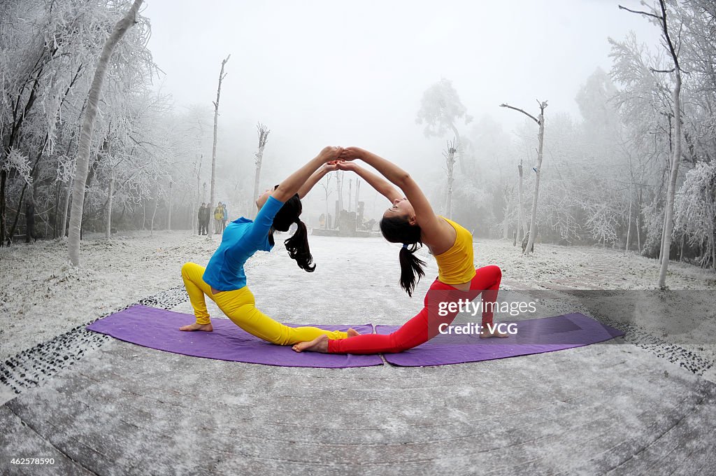 Beauties Practice Yoga In Ice And Snow