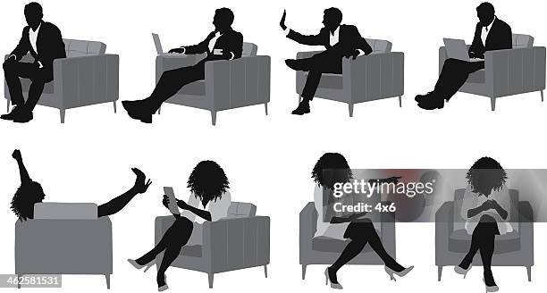 ilustraciones, imágenes clip art, dibujos animados e iconos de stock de personas de negocios sentado en un sillón - sillón