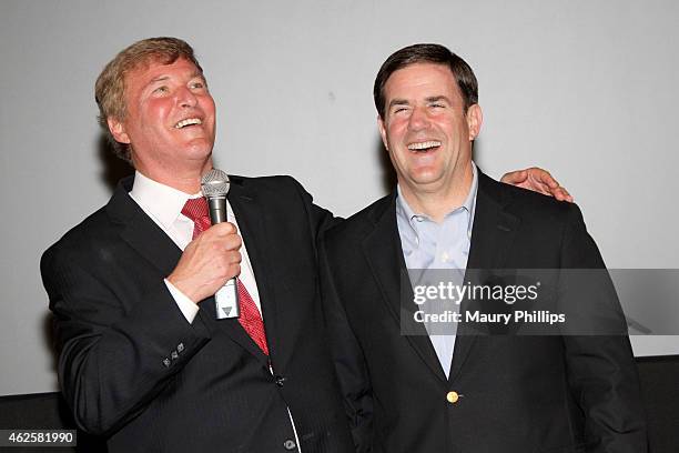Host Leigh Steinberg and Arizona Governor Doug Ducey speak at the 28th Annual Leigh Steinberg Super Bowl Party at Arizona Science Center on January...