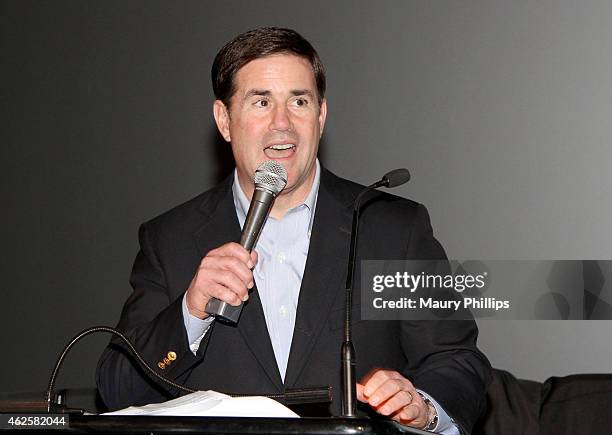 Arizona Governor Doug Ducey speaks at the 28th Annual Leigh Steinberg Super Bowl Party at Arizona Science Center on January 31, 2015 in Phoenix,...