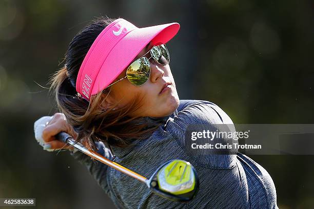 Michelle Wie watches her tee shot on the 10th hole at the Coates Golf Championship Presented by R+L Carriers - Final Round at the Golden Ocala Golf &...