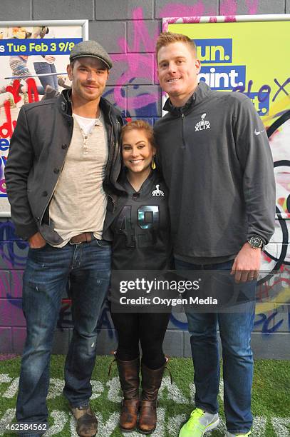 Actor Kellan Lutz, Olympic Gold Medalist Shawn Johnson and Arizona Cardinals punter Drew Butler participate in the 'Oxygen 2015 Super Bowl XLIX...