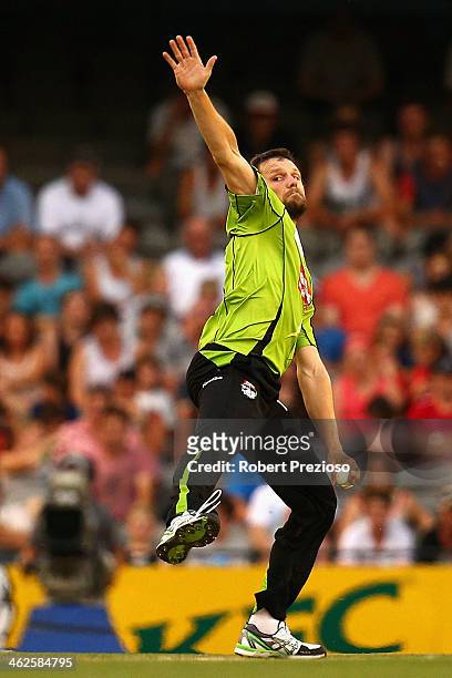Dirk Nannes of the Thunder bowls during the Big Bash League match between the Melbourne Renegades and Sydney Thunder at Etihad Stadium on January 14,...