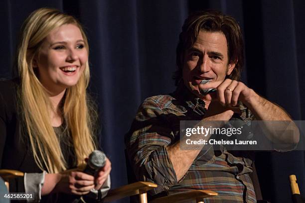 Actors Abigail Breslin and Dermot Mulroney speak at the "August: Osage County" SAG Awards special screening at Harmony Gold Theatre on January 13,...