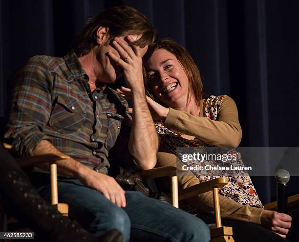 Actors Dermot Mulroney and Julianne Nicholson speak at the "August: Osage County" SAG Awards special screening at Harmony Gold Theatre on January 13,...