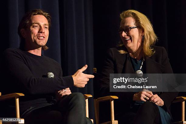 Actors Ewan McGregor and Meryl Streep speak at the "August: Osage County" SAG Awards special screening at Harmony Gold Theatre on January 13, 2014 in...