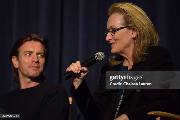 Actors Ewan McGregor and Meryl Streep speak at the "August: Osage County" SAG Awards special screening at Harmony Gold Theatre on January 13, 2014 in...