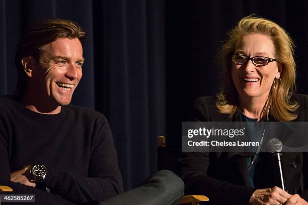 Actors Ewan McGregor and Meryl Streep speak at the "August: Osage County" SAG Awards special screening at Harmony Gold Theatre on January 13, 2014 in...