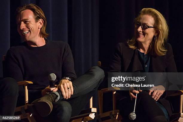 Actors Ewan McGregor and Meryl Streep speak at the "August: Osage County" SAG Awards special screening at Harmony Gold Theatre on January 13, 2014 in...