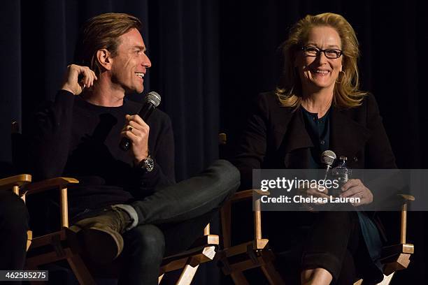 Actors Ewan McGregor and Meryl Streep speak at the "August: Osage County" SAG Awards special screening at Harmony Gold Theatre on January 13, 2014 in...