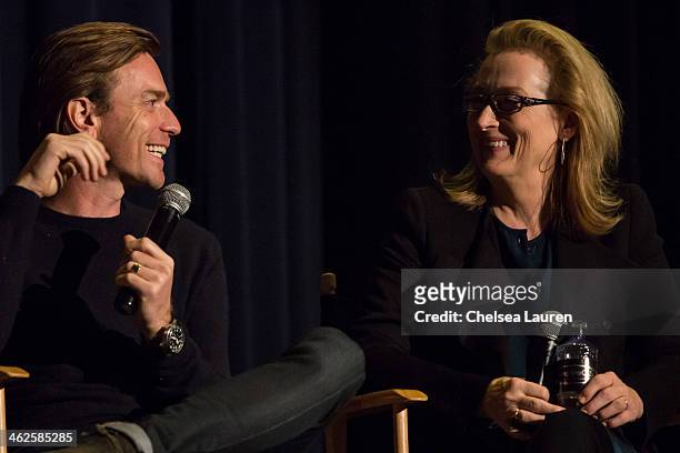 Actors Ewan McGregor and Meryl Streep speak at the "August: Osage County" SAG Awards special screening at Harmony Gold Theatre on January 13, 2014 in...