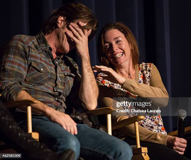 Actors Dermot Mulroney and Julianne Nicholson speak at the "August: Osage County" SAG Awards special screening at Harmony Gold Theatre on January 13,...