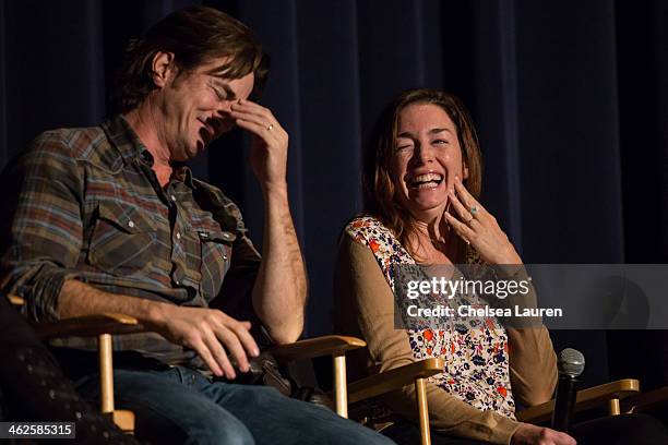 Actors Dermot Mulroney and Julianne Nicholson speak at the "August: Osage County" SAG Awards special screening at Harmony Gold Theatre on January 13,...