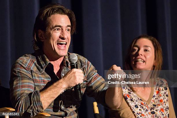 Actors Dermot Mulroney and Julianne Nicholson speak at the "August: Osage County" SAG Awards special screening at Harmony Gold Theatre on January 13,...