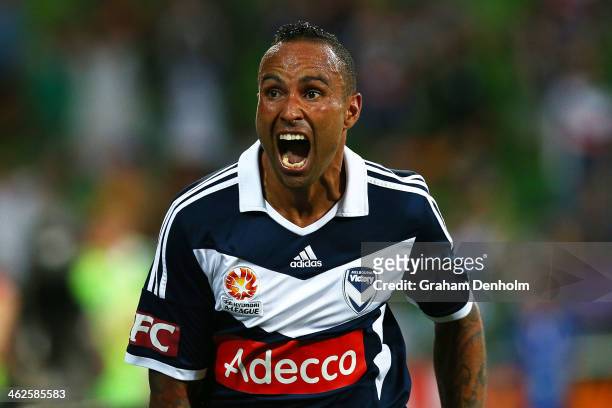Archie Thompson of the Victory celebrates his goal during the round 19 A-League match between Melbourne Victory and the Western Sydney Wanderers at...