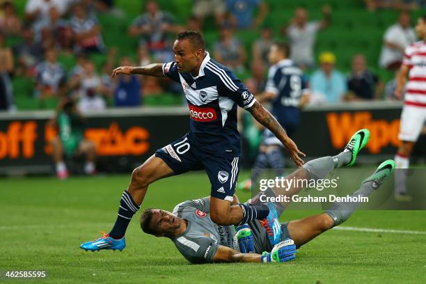 Archie Thompson of the Victory scores a goal during the round 19 A-League match between Melbourne Victory and the Western Sydney Wanderers at AAMI...