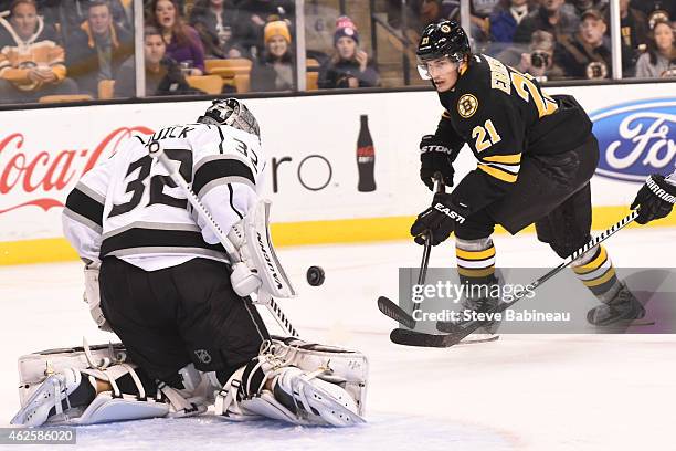 Loui Eriksson of the Boston Bruins shoots the puck against Jonathan Quick of the Los Angeles Kings at the TD Garden on January 31, 2015 in Boston,...