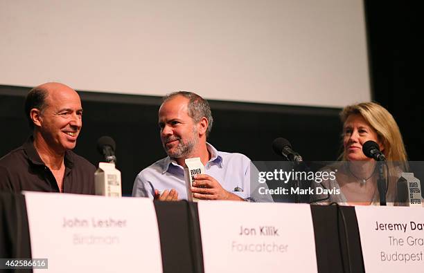 Producers Jon Kilik of 'Foxcatcher,' Jeremy Dawson of 'The Grand Budapest Hotel,' and Lisa Bruce of 'The Theory of Everything' speak at the Producers...