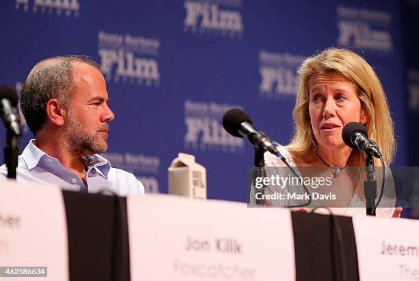 Producers Jeremy Dawson of 'The Grand Budapest Hotel' and Lisa Bruce of 'The Theory of Everything' speak at the Producers Panel at the Lobero, at the...