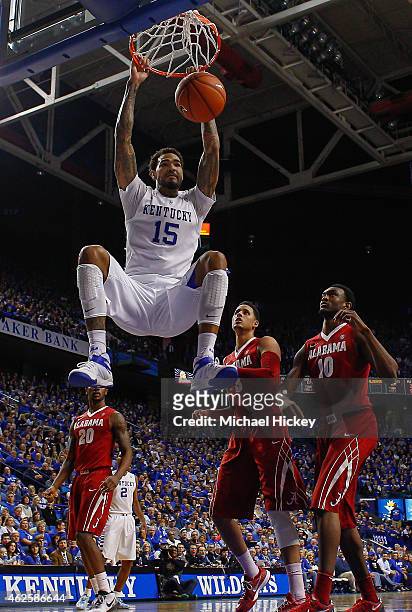Willie Cauley-Stein of the Kentucky Wildcats dunks the ball against the Alabama Crimson Tide at Rupp Arena on January 31, 2015 in Lexington,...
