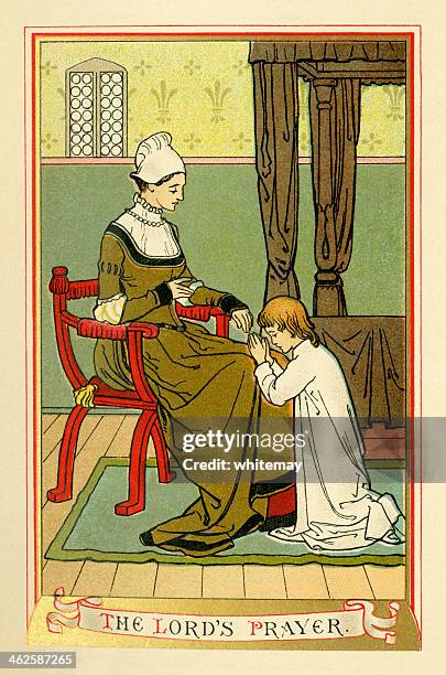 the lord's prayer (victorian religious book plate) - four poster bed stock illustrations