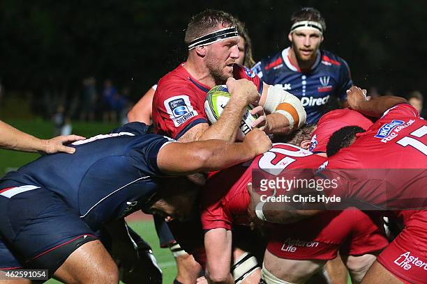 Marco Kotze of the Reds takes a lineout during the Super Rugby trial match between the Queensland Reds and the Melbourne Rebels at Barlow Park on...