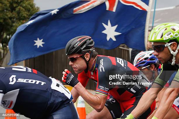 Cadel Evans of BMC Racing Team takes on some food during the Cadel Evans Ocean Road Race on February 1, 2015 in Melbourne, Australia.