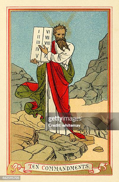 the ten commandments (victorian religious book plate) - moses religious figure stock illustrations