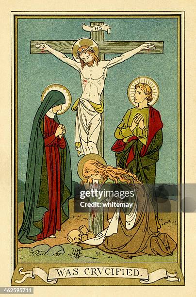 gekreuzigt (viktorianischen religiöse buch plate) - maria magdalena stock-grafiken, -clipart, -cartoons und -symbole