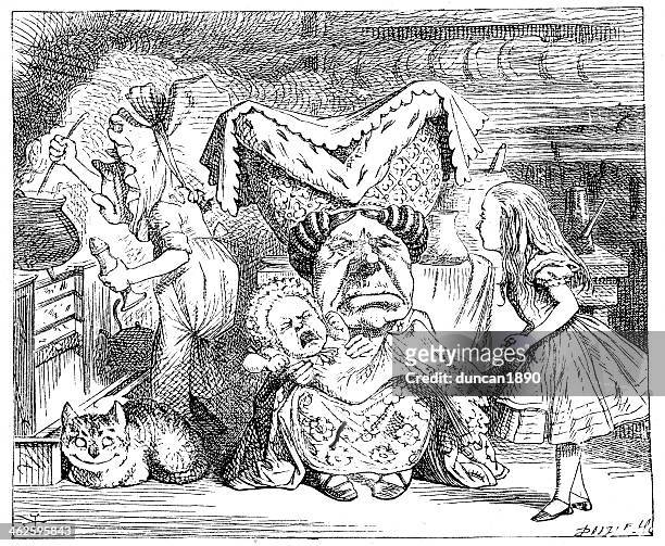 alice in wonderland - pig and pepper - ugly people crying stock illustrations