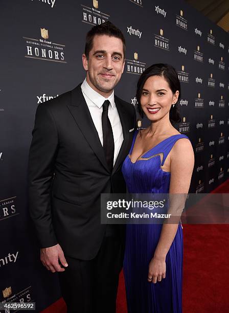 Player Aaron Rodgers and actress Olivia Munn attend 4th Annual NFL Honors at Phoenix Convention Center on January 31, 2015 in Phoenix, Arizona.