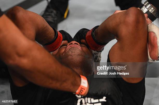 Anderson Silva reacts to his victory over Nick Diaz in their middleweight bout during the UFC 183 event at the MGM Grand Garden Arena on January 31,...
