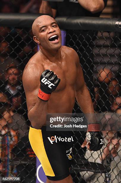 Anderson Silva reacts to his victory over Nick Diaz in their middleweight bout during the UFC 183 event at the MGM Grand Garden Arena on January 31,...