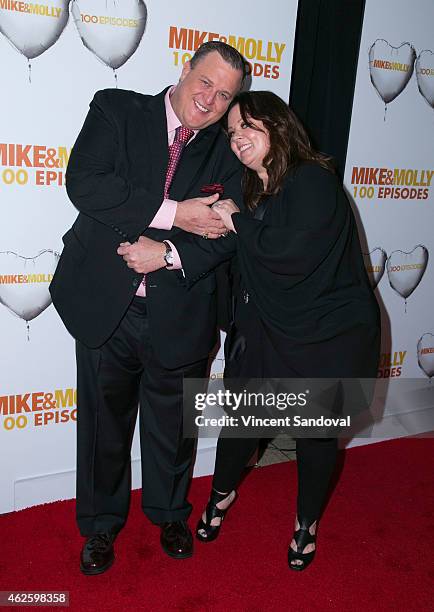 Actor Billy Gardell and actress Melissa McCarthy attend the "Mike & Molly" 100 episodes celebration at Cicada on January 31, 2015 in Los Angeles,...