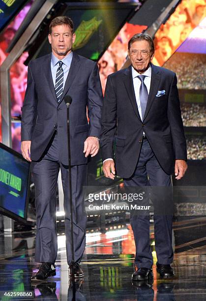 Retired NFL players Troy Aikman and Joe Namath speak onstage during 4th Annual NFL Honors at Phoenix Convention Center on January 31, 2015 in...