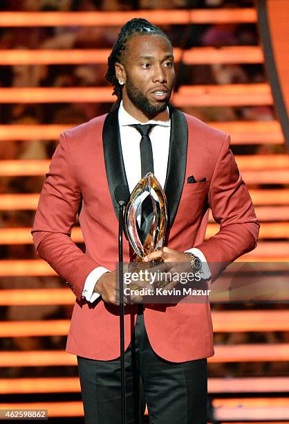 Player Larry Fitzgerald speaks onstage during 4th Annual NFL Honors at Phoenix Convention Center on January 31, 2015 in Phoenix, Arizona.