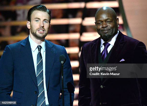 Actor Chris Evans and retired NFL player Emmitt Smith speak onstage during the 4th Annual NFL Honors at Phoenix Convention Center on January 31, 2015...