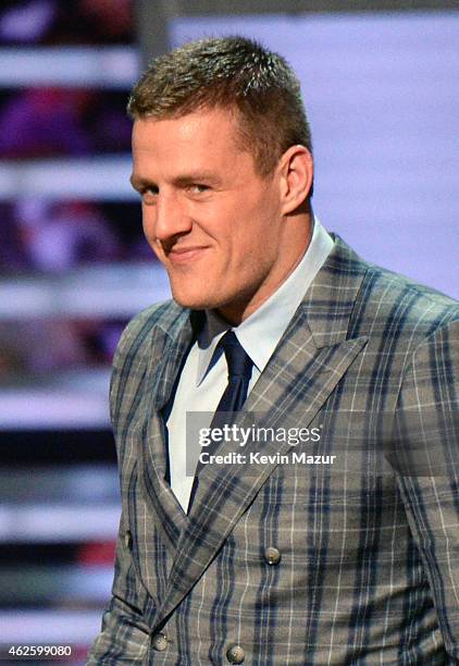 Player J.J. Watt speaks onstage during the 4th Annual NFL Honors at Phoenix Convention Center on January 31, 2015 in Phoenix, Arizona.