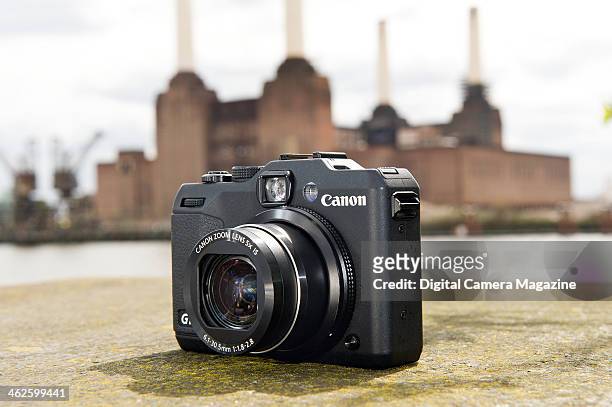 Canon PowerShot G15 compact system camera photographed in front of Battersea Power Station in London for a feature on powerful digital compacts,...