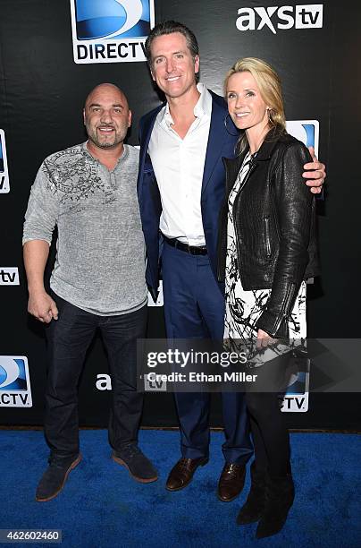 Personality Jay Glazer, Lt. Gov. Of California Gavin Newsom, and filmmaker Jennifer Siebel Newsom attend DirecTV Super Saturday Night hosted by Mark...