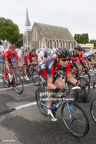 Cadel Evans of BMC Racing Team rides in the peleton during the Cadel Evans Ocean Road Race on February 1, 2015 in Melbourne, Australia.