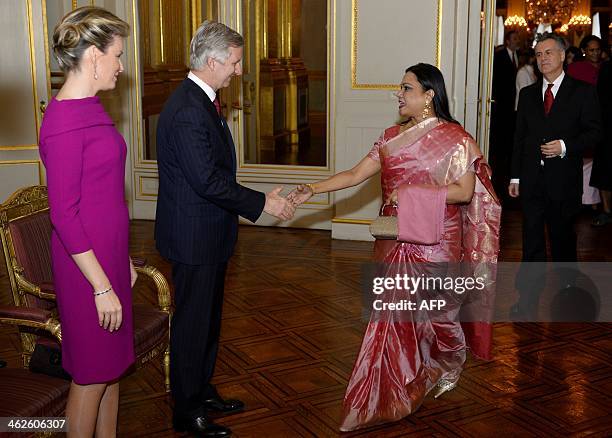 King Philippe of Belgium and Queen Mathilde of Belgium welcome Ismat Jahan, Ambassador of Bangladesh during the New Year's reception organised by the...