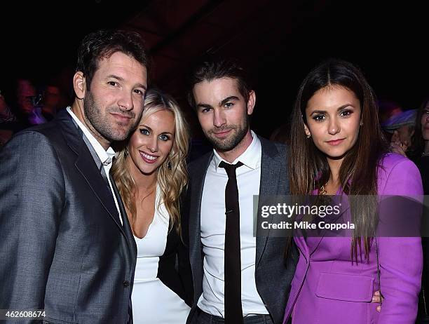 Player Tony Romo, Candice Crawford, actor Chace Crawford, and actress Nina Dobrev attend DirecTV Super Saturday Night hosted by Mark Cuban's AXS TV...