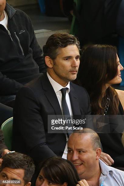 Actor Eric Bana watches the action at Rod Laver Arena during day 14 of the 2015 Australian Open at Melbourne Park on February 1, 2015 in Melbourne,...