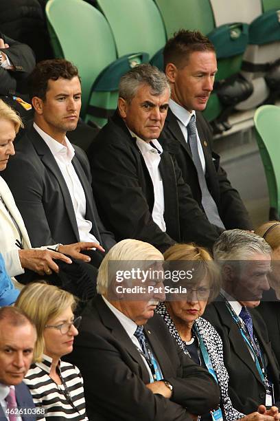 Australian golfer Adam Scott watches the action at Rod Laver Arena during day 14 of the 2015 Australian Open at Melbourne Park on February 1, 2015 in...